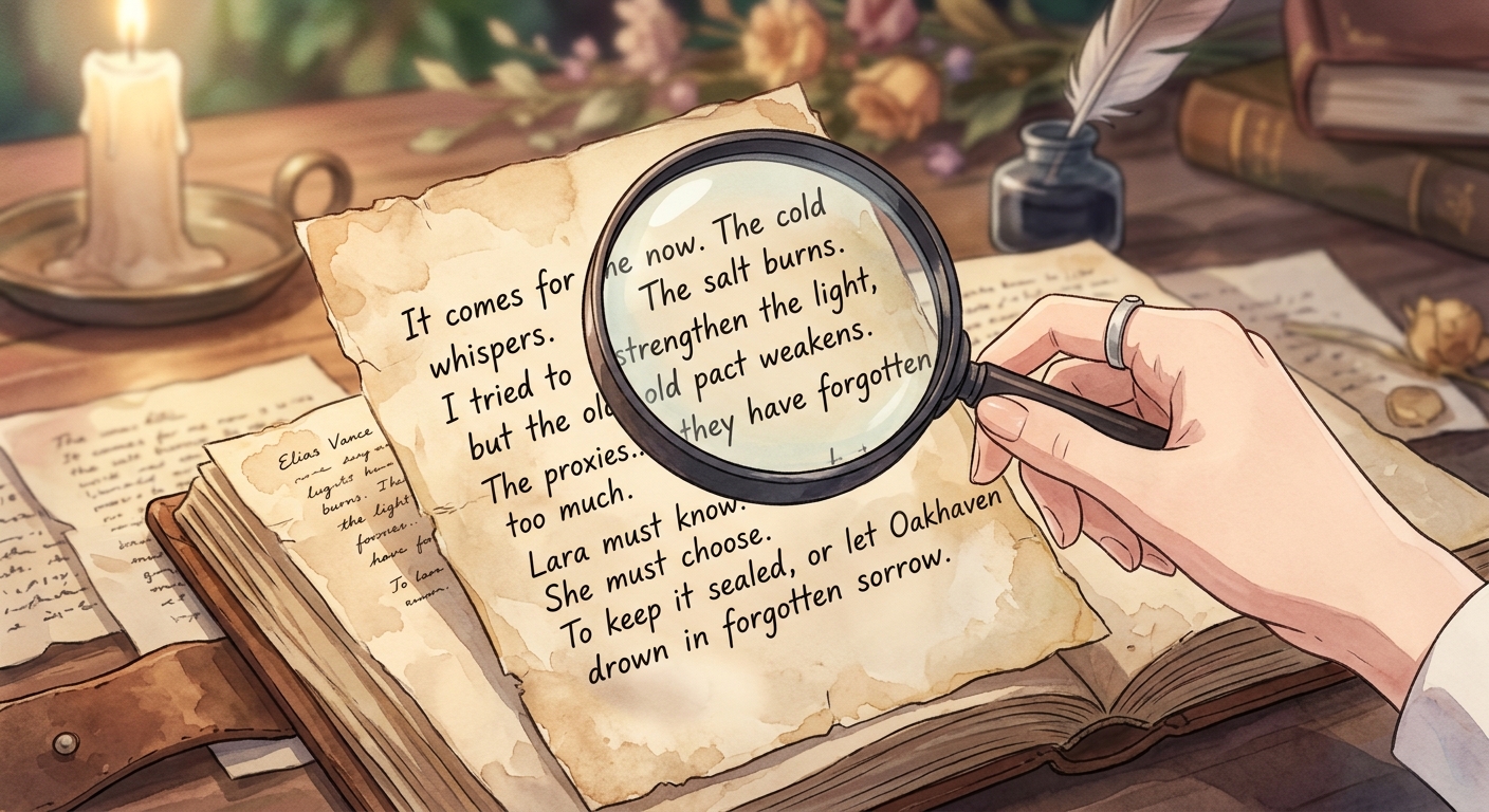 A close-up of a shaky, handwritten page from Elias Vance's journal, detailing his struggle against 'the blight' and a message for Lara.