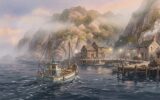 A small ferry approaches a remote, fog-shrouded fishing village harbor at dusk, with lights from cottages barely visible through the mist.