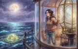 Lara Vance stands at the top of a lighthouse, hand on its lens, watching a bioluminescent, turbulent sea under a hazy full moon.