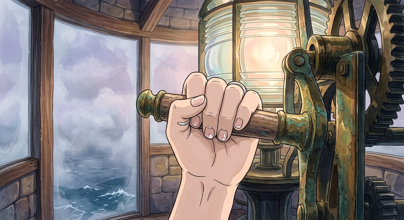 Lara Vance's hand grips an ancient brass lever in the lighthouse lantern room, its light intensified against the turbulent, glowing sea outside.