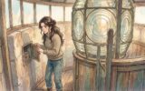 Lara Vance examines a hidden compartment in the dusty lantern room of a lighthouse, a large Fresnel lens behind her.
