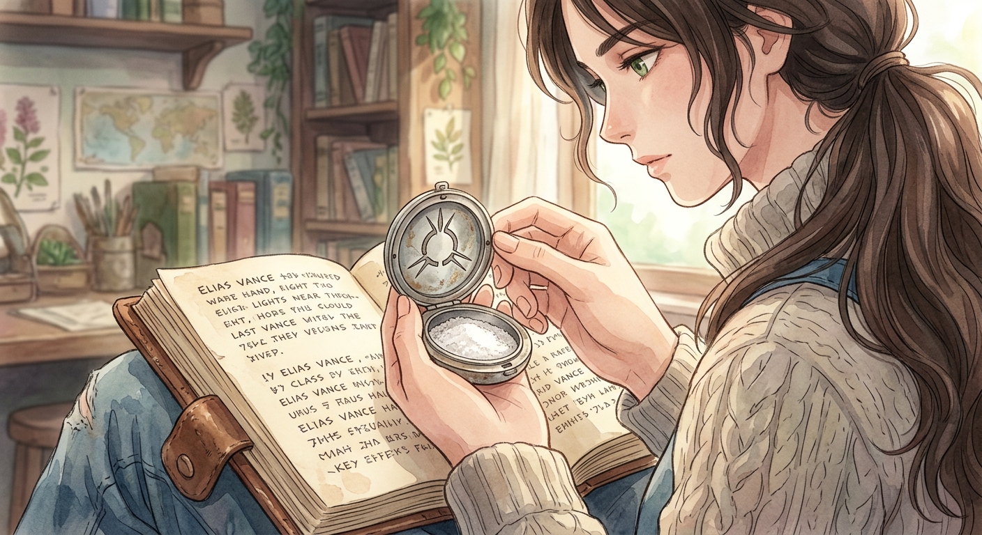 Lara Vance holds a tarnished silver locket with a strange symbol and crystalline salt inside, resting on an open journal.