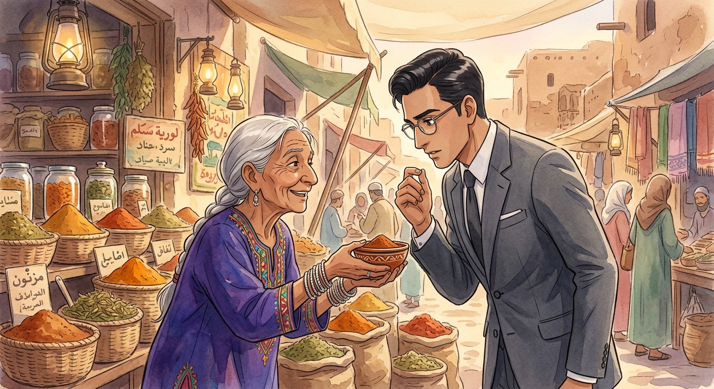 Fouzia Bano, an elderly spice merchant, offers a small ceramic bowl of spice to a skeptical Mr. Khurram, who leans in to sniff it, amidst the warm glow of her market stall.