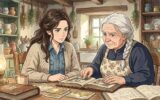 Lara Vance and Marta Thorne examine old photographs and ledgers at a cluttered kitchen table, Marta pointing to an image.