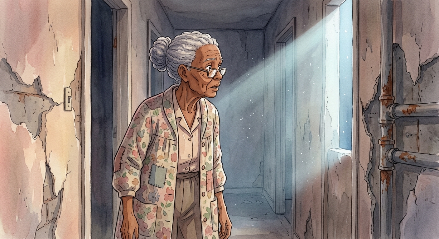 An elderly woman, Nala, stands in a dusty, half-demolished hallway, illuminated by moonlight, discovering a hidden alcove behind a torn-away wall.