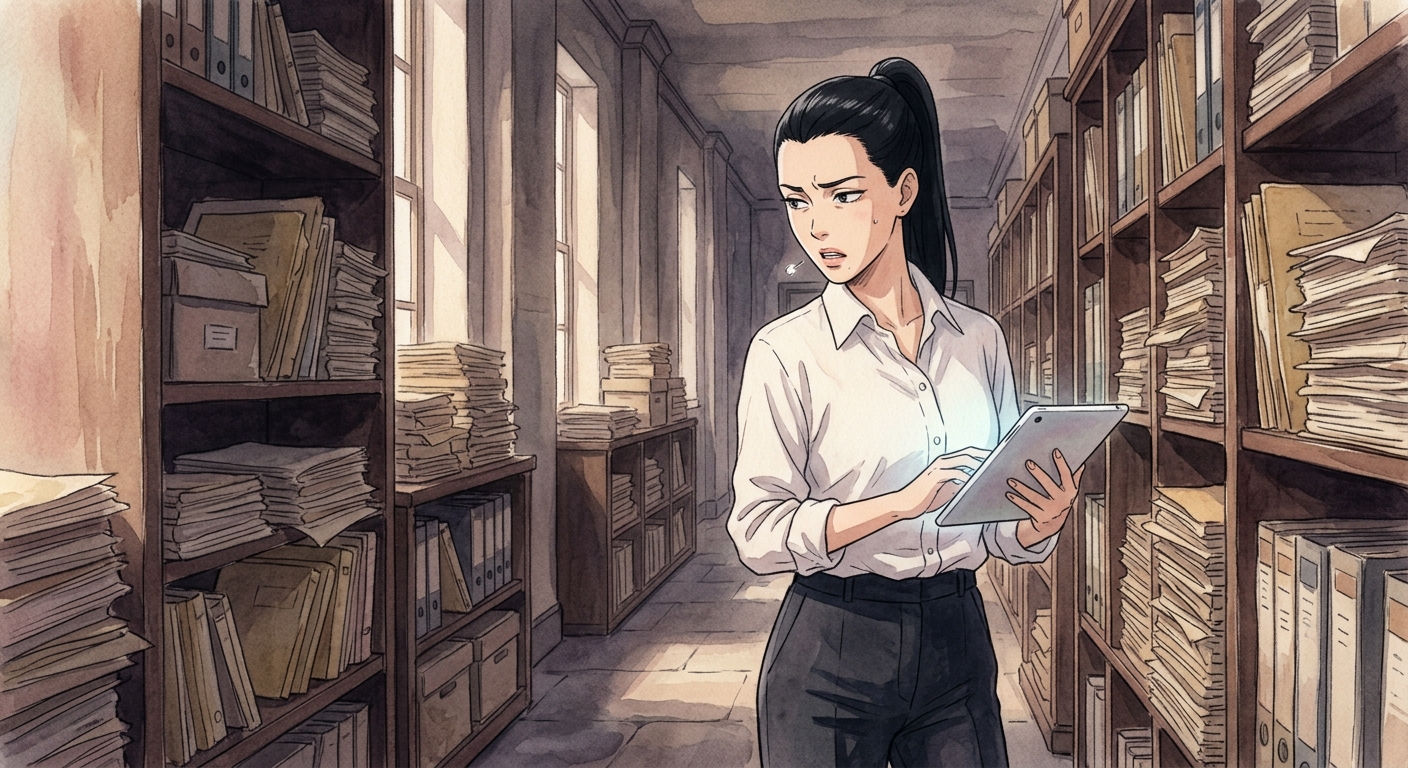 Reena Kohli, a woman in a crisp white shirt, stands in a dim, paper-filled government corridor, looking frustrated while holding a glowing tablet.