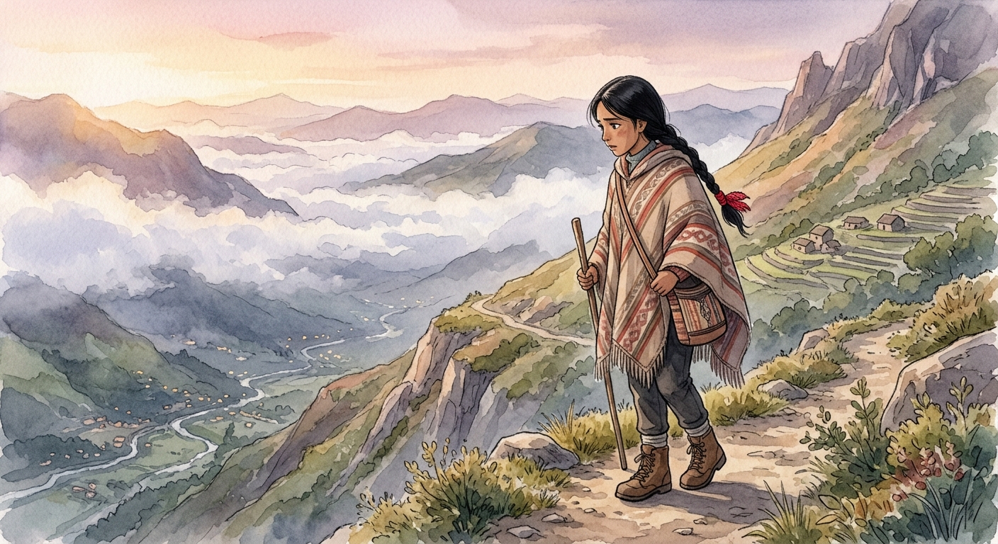 Kallpa, a young Quechua woman, standing on a narrow mountain path looking down at a valley below, with a look of trepidation and resolve.