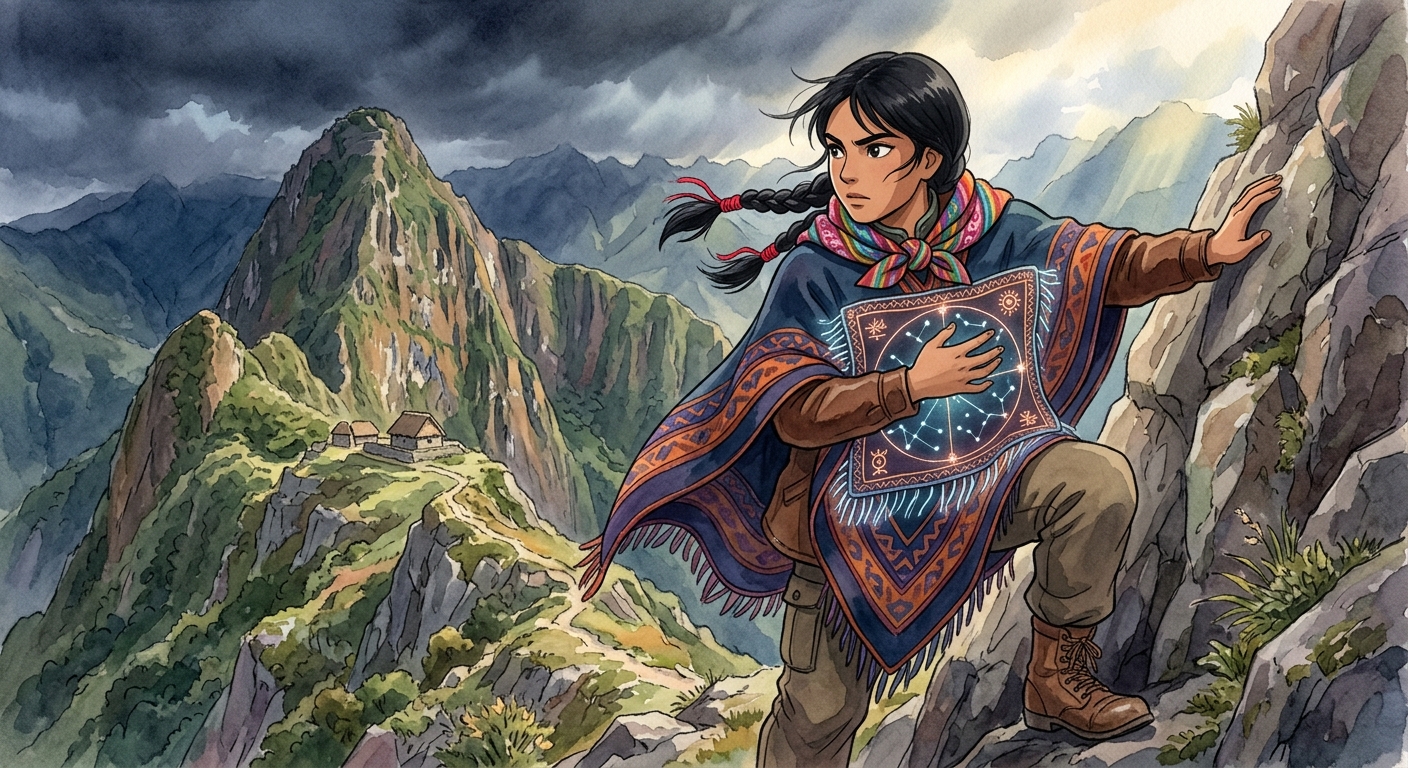 Kallpa, holding the glowing star-chart, braces herself against a rock face during a fierce mountain storm.