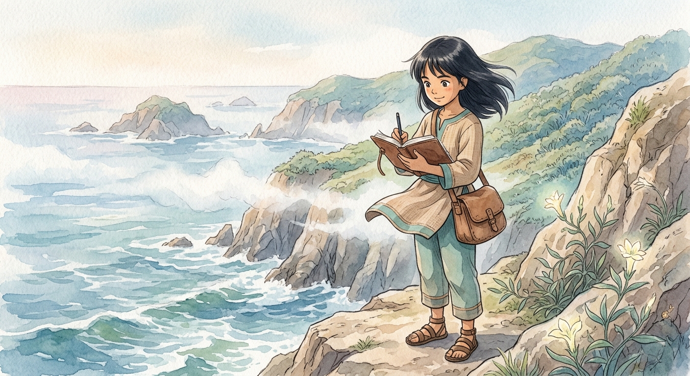 Kiri sketching on a windy cliff overlooking the ocean and distant islands.