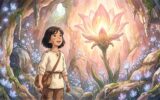 Kiri standing triumphantly in the Heart-Root Cavern, where a giant Lumina Bloom glows brilliantly.