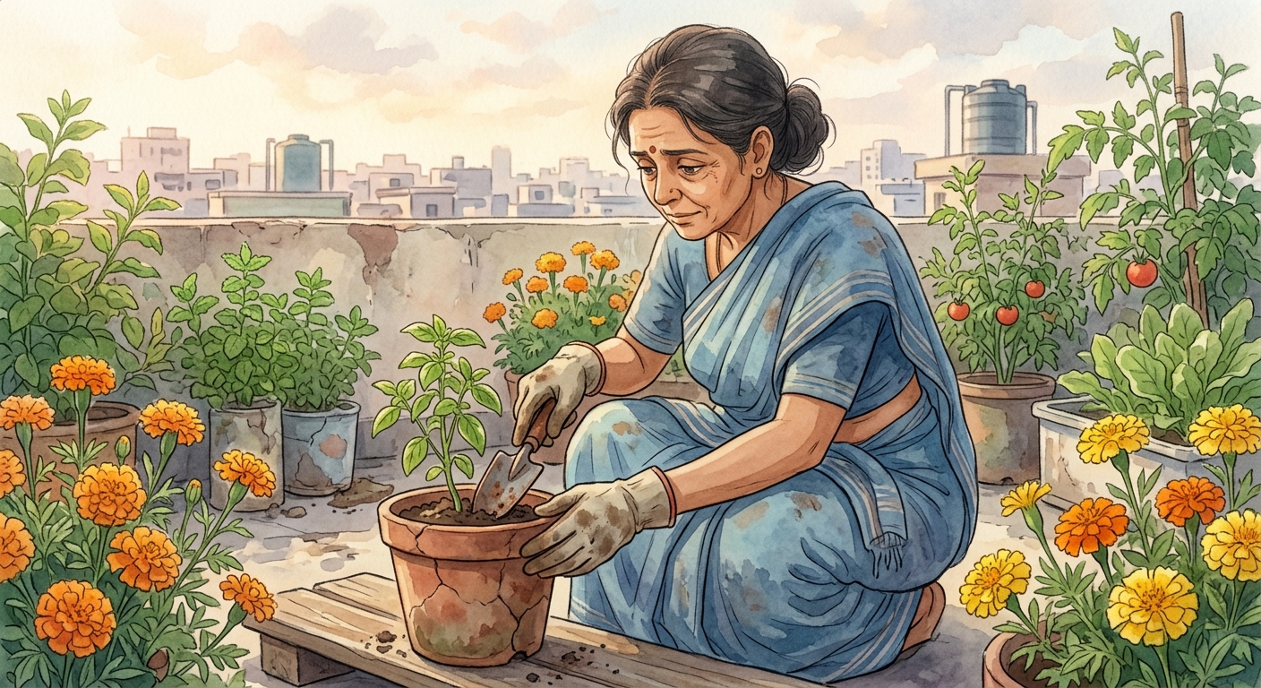 Priya, a middle-aged South Asian woman, kneels in her rooftop garden, gently tending a struggling basil plant with a rusted trowel.