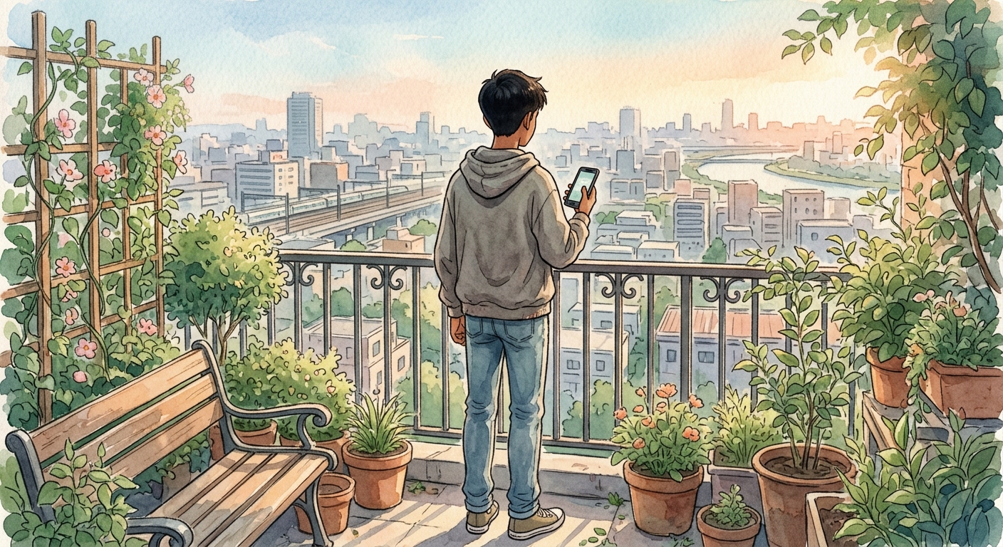 Rohan, a teenage boy, stands on a rooftop garden, looking at his smartphone while facing the vast city skyline.