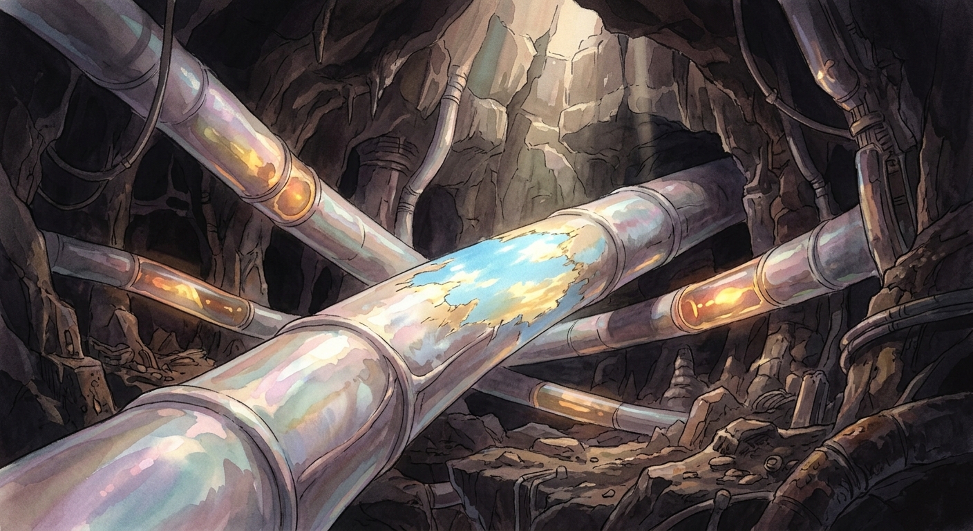 A vast, dark subterranean chamber with glowing, pearly conduits. A strange shimmer of blue light appears on one conduit, appearing out of place.