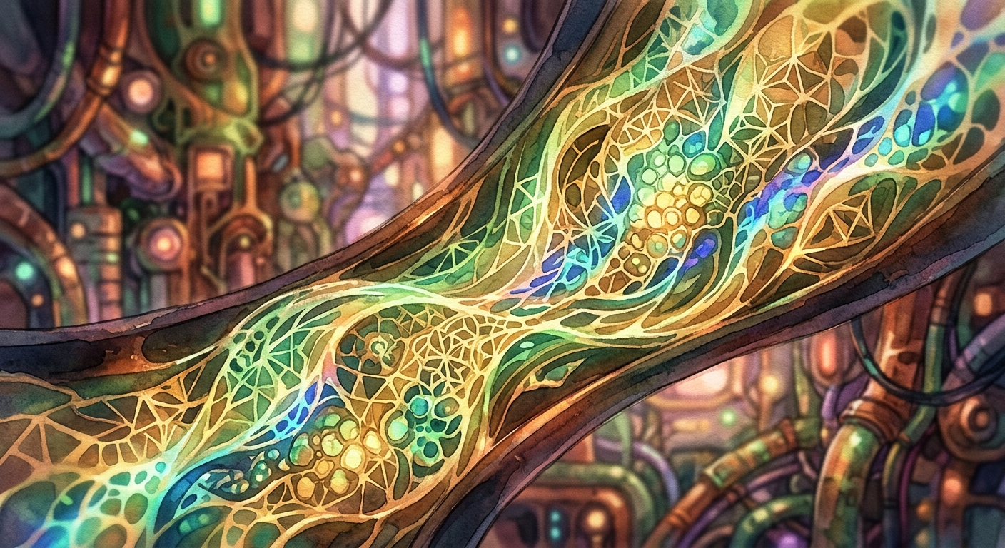 A close-up of Kaelen's abstract, shimmering form within a conduit, showing complex, cellular light patterns and vibrant blues, greens, and gold against a blurry mechanical background.