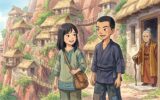 Kiri and Joren in Sky-Weave Village, watched by Elder Rona, a village elder.