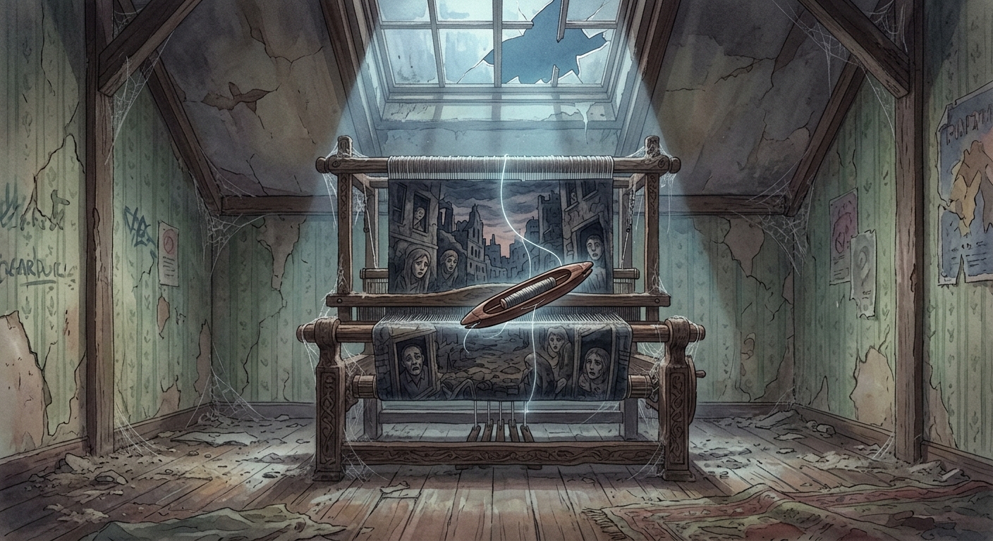 An ancient, large wooden loom stands in the center of a dusty, empty apartment. Moonlight from a broken skylight illuminates a dark tapestry woven with images of decaying buildings and faded faces. A single luminous thread is active on the loom.